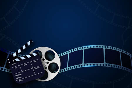 Cinema Film Strip wave, film reel and clapper board isolated on blue background. 3d movie flyer or poster with place for your text. Template design cinematography concept of film industry. Vector illuのイラスト素材
