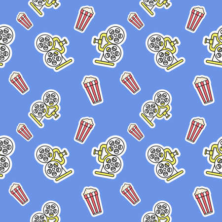 Seamless pattern of colorful movie design elements and cinema icons. Background with film symbols in vintage style. Hand drawn cinema pattern with popcorn box, retro movie camera. Decorative wallpaperのイラスト素材