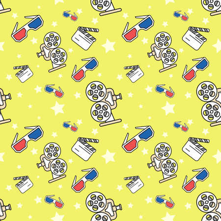 Seamless pattern of movie design elements and cinema icons. Background with film symbols in vintage style. Hand drawn cinema pattern with 3D glasses, clapper, retro film camera. Decorative wallpaperのイラスト素材