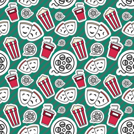 Seamless pattern of movie design elements and cinema icons. Background with film symbols in vintage style. Hand drawn cinema pattern with theater mask, popcorn, glasses, soda cup.Decorative wallpaper.のイラスト素材