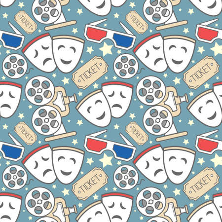 Seamless pattern of movie design elements and cinema icons. Background with film symbols in vintage style. Hand drawn cinema pattern with 3D glasses, ticket, camera, theater mask. Decorative wallpaperのイラスト素材