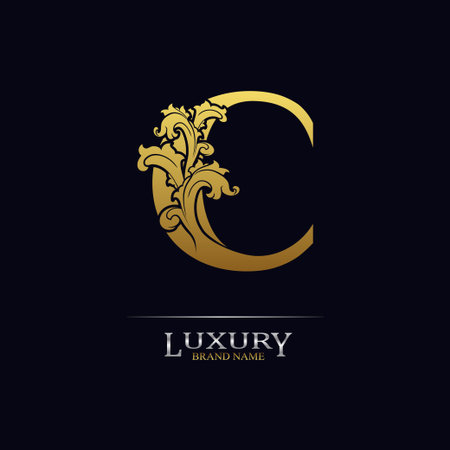 Golden initial letter C with floral leaves. Luxury Natural Logo Icon. Elegant botanic design. Modern alphabet with branch ornament for monogram, emblem, initial, label, brand, business, greeting cardsのイラスト素材