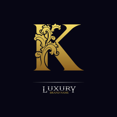 Golden initial letter K with floral leaves. Luxury Natural Logo Icon. Elegant botanic design. Modern alphabet with branch ornament for monogram, emblem, initial, label, brand, business, greeting cardsのイラスト素材