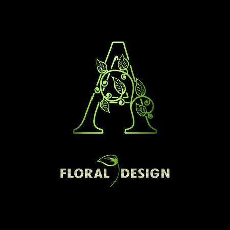 Elegant initial letter A with floral leaves. Natural Floral Logo Icon. Botanical design branding. Vintage alphabet concept with ornate for monogram, emblem, initial, label, brand, greeting cardsのイラスト素材