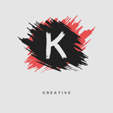 Hand drawn Letter K Logo on colorful brush strokes background. Initial white paint brush stroke letter K Logo Design. Creative template for logotype, emblem, monogram, jewelry, cosmetic or brand nameのイラスト素材