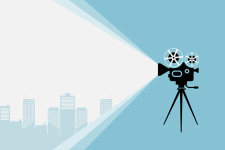 Cinema movie festival poster. Silhouette of vintage cinema camera on a tripod projecting futuristic cityscape. Cinema background. Film festival template for banner, brochure, flyer, poster or ticketsのイラスト素材