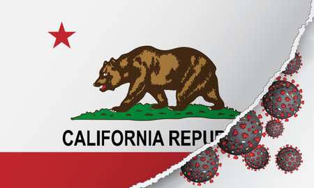 Flag of California state with outbreak viruses deadly coronavirus COVID-19. Banner with the spread of Coronavirus against background of national flag. USA Lockdown. Concept of quarantine. Stay at homeのイラスト素材