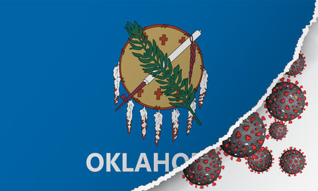 Flag of Oklahoma state with outbreak viruses deadly coronavirus COVID-19. Banner with the spread of Coronavirus against background of the national flag. USA Lockdown.Concept of quarantine.Stay at homeの写真素材