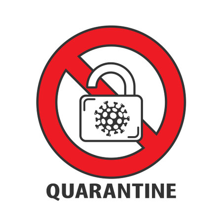 Open lock and coronavirus icon with red prohibit sign. Virus strain 2019-nCoV is crossed out with red stop sign. Stop Infection. Risk disease and flu outbreak pandemic. Medical quarantine concept.のイラスト素材