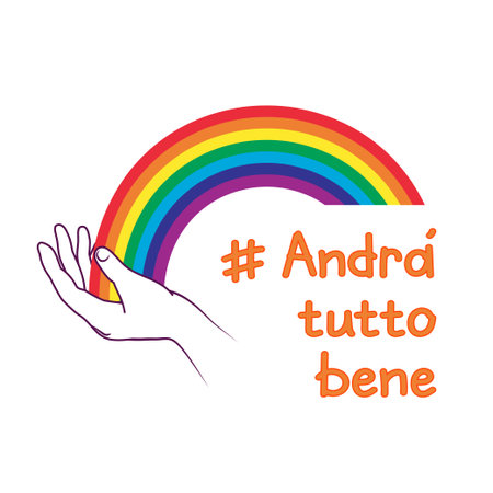 A rainbow for hope and wish. Italian slogan: Andra tutto bene. Everything will be fine written in Italian. Motivational phrase in Italian used during quarantine in fighting with coronavirus COVID-19.のイラスト素材