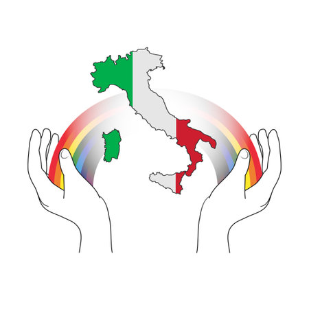 Italy map with a rainbow for hope and wish. Everything will be fine. Italian slogan: Andra tutto bene. Motivational phrase in Italian used during quarantine in fighting with coronavirus COVID-19.のイラスト素材