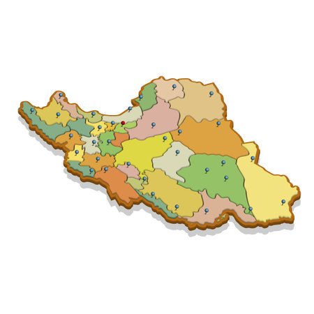 Isometric 3D map of the Iran with regions. Isolated political country map in perspective with administrative divisions and pointer marks. Detailed map of Iran. Concept for infographic. Vector EPS10のイラスト素材
