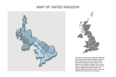 Isometric 3D map of United Kingdom. Political country map in perspective with administrative divisions and pointer marks. Detailed map of UK with regions. Infographic elements for Website, app, Travel