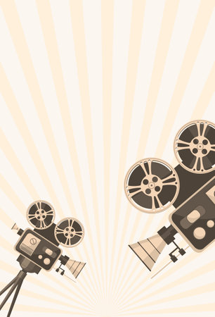 Detailed retro camera on tripod with film reels on a tripod. Cinema movie festival poster. Cinema background with place for text. Template for banner, brochure, flyer, poster. Cinematography conceptのイラスト素材