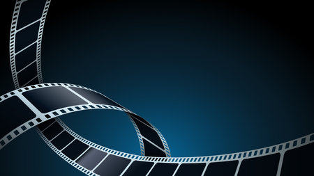 Realistic 3d film strips in perspective. Modern Cinema Background. Template poster for cinema festival. Movie design film strip for advertisement, poster, brochure, banner, flyer. Isometric styleのイラスト素材