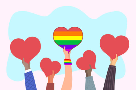 Hearts in hands. Hand holding big heart with rainbow LGBT flag. Demonstration in support of LGBT rights. Gay parade, Pride Day for LGBT community. Love has no limits. Homosexual and LGBT conceptのイラスト素材