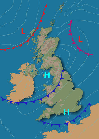 United Kingdom. Weather map of the Great Britain. Meteorological forecast. Editable vector illustration of a generic map showing isobars and weather fronts.