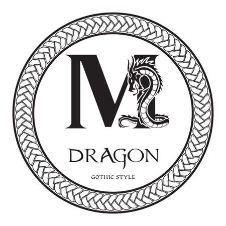 Dragon silhouette inside capital letter M. Elegant Gothic Dragon Logo with tattoo element. Heraldic symbol beast ancient mythology for logotype, emblem, monogram, icon, business card, brand nameのイラスト素材