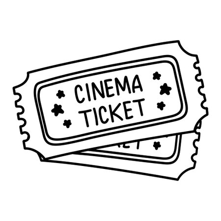 Two cinema tickets isolated on white background. Flat hand drawn cinema ticket. Sketch icon movie entrance ticket. Template admission pass mockup or performance coupon. Art graphic stroke designのイラスト素材