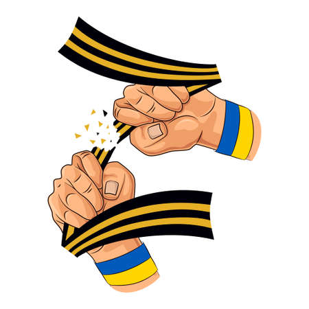 Hands with the Ukrainian flag break george ribbon of letter Z. Strong hands clenched into a fist holds and tearing the ribbon. Ukraine will win. Ukraine resistance logo. stop war. Save Ukraineのイラスト素材