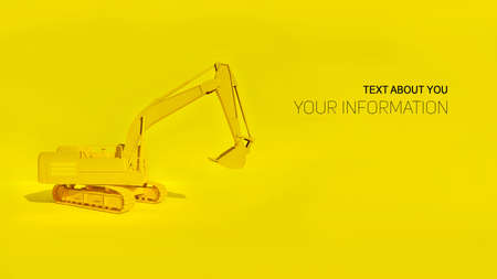 Three-dimensional model of a yellow construction excavator on a yellow monochrome background with free space for text. 3D rendering.の写真素材