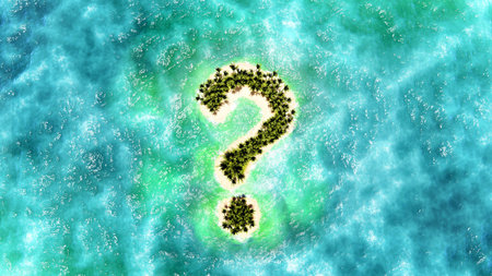 Tropical island in the shape of question with palm trees and azure ocean. aerial view. 3D illustrationの写真素材