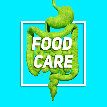Three-dimensional isolated green stomach model of human intestines on a blue background, 3D...