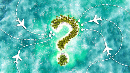 Tropical island in the shape of question with palm trees and azure ocean. aerial view. 3D...