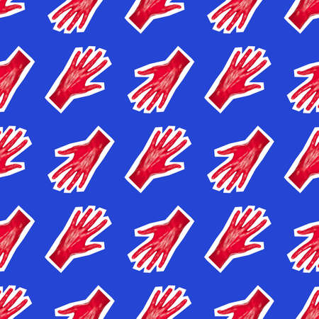 Seamless texture with female hand painted red on a blue background. Sticking fingers circled in white. contemporary art collage. Concept of memphis style. abstract minimalism.の写真素材