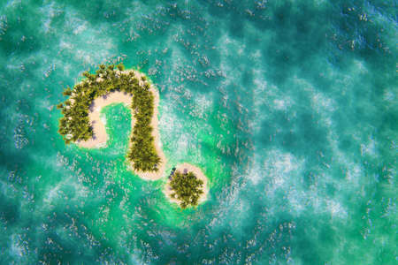 Tropical island in the shape of question with palm trees and azure ocean. aerial view. 3D illustrationの写真素材