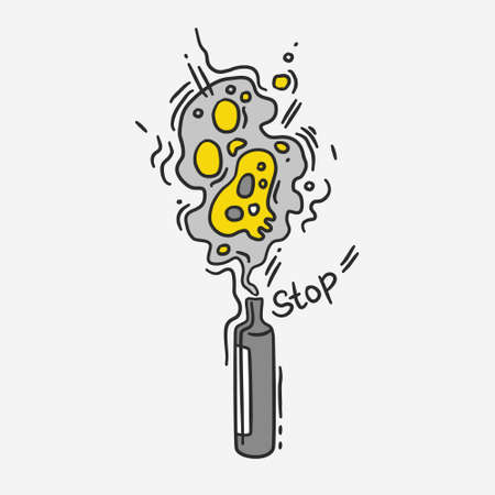 Flat minimalistic illustration of electronic cigarette with smoke and skull. Health hazards of smoking. Doodle style. Stop smoking and vaping. Doodle style.のイラスト素材