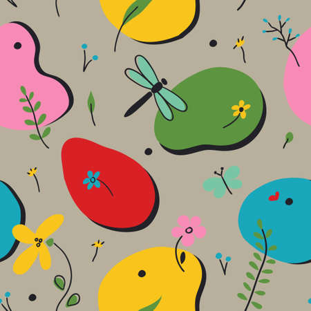 Cute spring seamless easter pattern with flowers, leaves, animals. Vintage flat design. Template for prints on fabric, web pages, wedding invitations, cards. Boho bright herb background.のイラスト素材