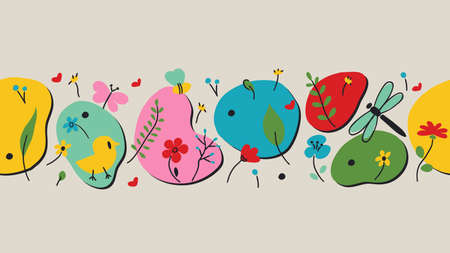 A set of spring bright elements on the background of multi-colored liquid shapes. Seamless ribbon with flowers, birds, and insects. Print on ribbons for eggs and decorations for easter and spring day.のイラスト素材