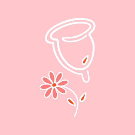 Simple line art menstrual cup on pink background with chamomile flower. Organic concept of hygiene products for women during menstruation.のイラスト素材