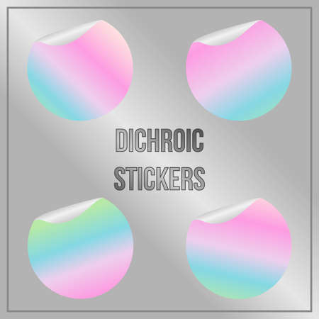Set of round dichroic multicolored stickers with folded edges. Paper circles of the bright iridescent gradient. blank templates. Empty mockup of tags with realistic textures.のイラスト素材