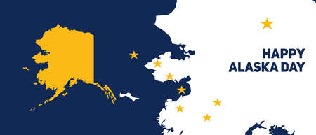 Poster for Happy Alaska Day. Oct. The contour of the border of Alaska with north polar star. Yellow map of the US state. Flat modern style.のイラスト素材
