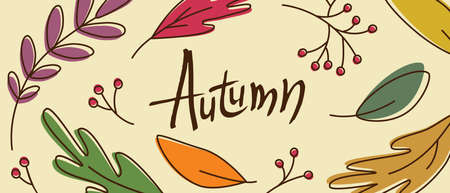 Autumn seasonal background frame. Lettering and brush calligraphy. Flat illustration with foliage, twigs, berries, floral elements for poster, postcard, banner, textile and thanksgiving invitation.のイラスト素材