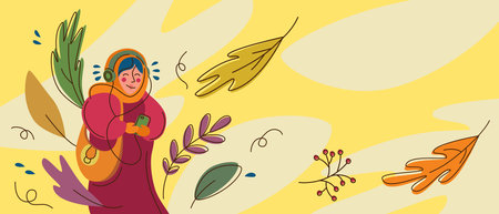 Happy girl in a big down jacket or coat and scarf listens to music on headphones. Falling autumn leaves. Modern bright simple flat illustration. Postcard, picture, cover, notebook, Calligraphyのイラスト素材