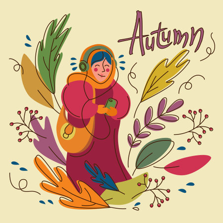Happy girl in a big down jacket or coat and scarf listens to music on headphones. Falling autumn leaves. Modern bright simple flat illustration. Postcard, picture, cover, notebook, Calligraphyのイラスト素材