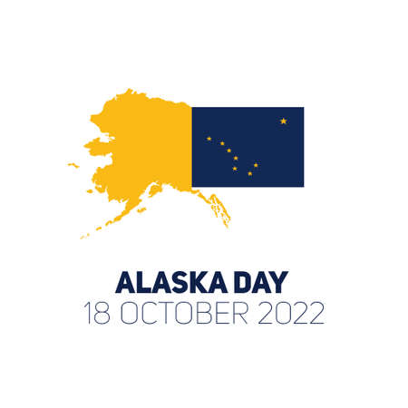 Poster for Happy Alaska Day. October 18, 2019. The contour of the border of Alaska with north polar star. Yellow map of the US state. Square shaped postcard. Flat modern style.のイラスト素材
