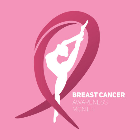 breast cancer awareness month. Awareness ribbon banner illustration for care. Beautiful young girl gymnast dancing. Poster in support of women. pink symbol.のイラスト素材