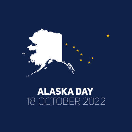 Poster for Happy Alaska Day. October 18, 2019. The contour of the border of Alaska with north polar star. Yellow map of the US state. Square shaped postcard. Flat modern style.のイラスト素材
