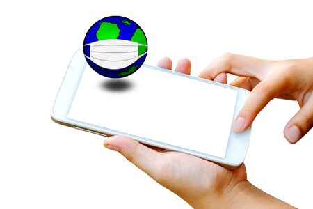 woman hand holding and touch screen of smart phone or cellphone with globe on screen isolated on white.の写真素材