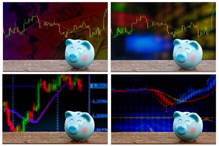 blue piggy bank on wooden table over share of stock; share of business background,money and saving concept.の写真素材