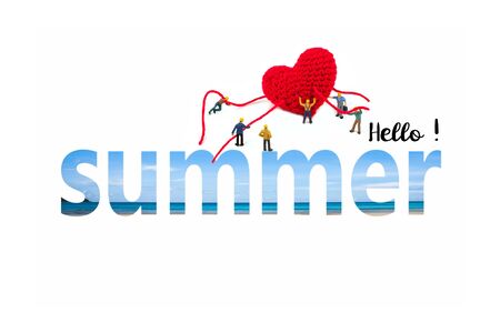miniature worker with text hello summer isolated on white,concept for summer holiday season background.の写真素材