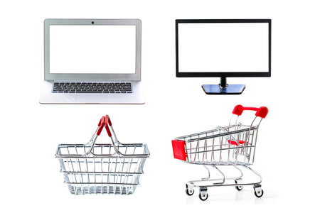 laptop or notebook and shopping cart and basket on white background for advertisement showcase or...