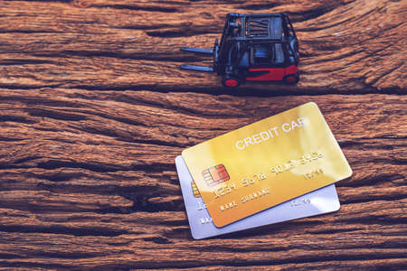 demo credit card on wooden background.の写真素材