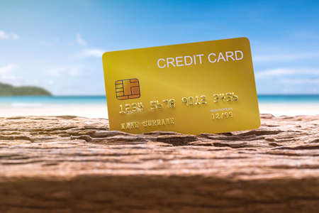 demo credit card on wooden background.の写真素材