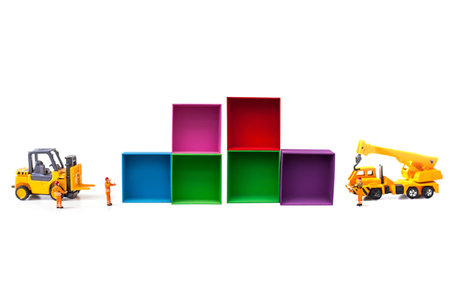 used wooden color box with miniature fork lift isolated on white background.