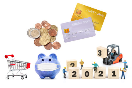 mock up demo credit card with shopping cart and miniature worker isolated on white background.